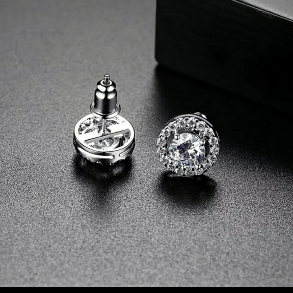 18K White GoldF White Sapphire Halo Earring - Picture 12 of 15